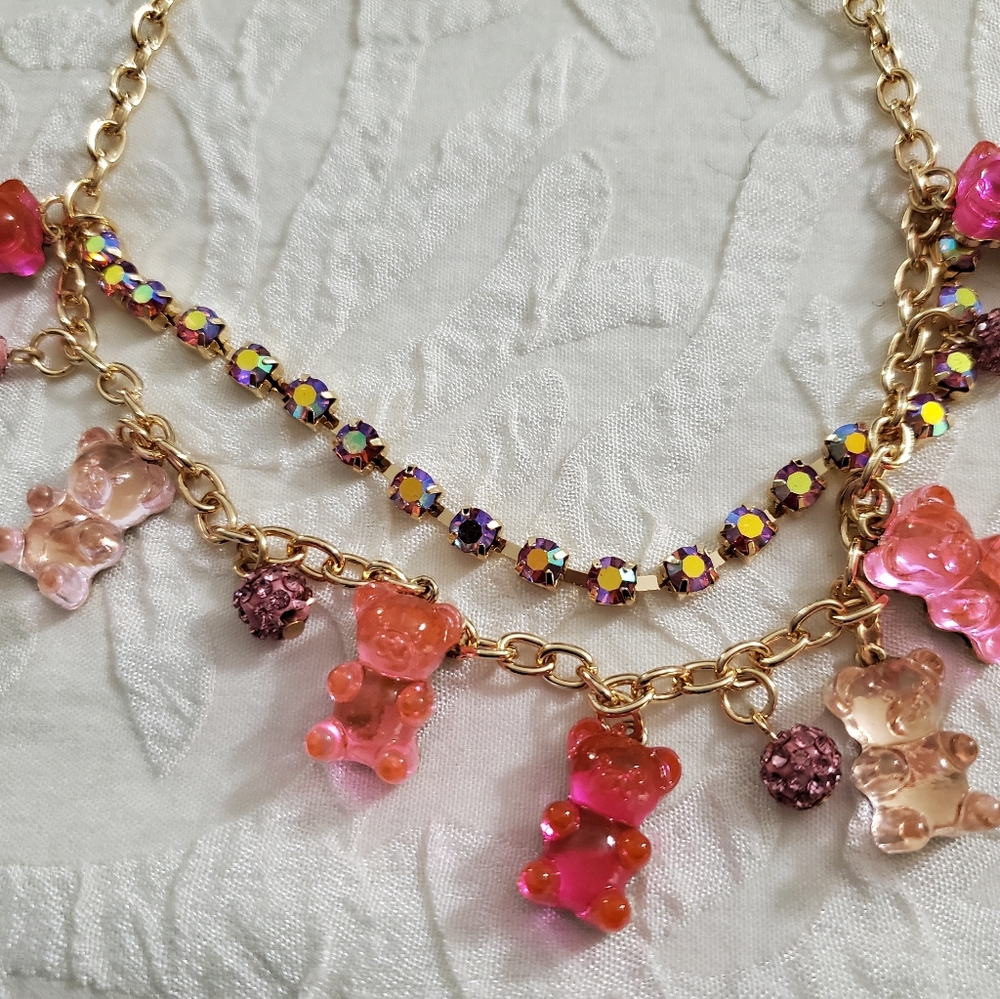 Betsey Johnson Lucite Gummy Pink Bears Fireballs Rhinestone Necklace Nwt Rare